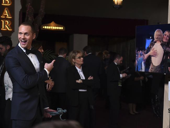 Alexander Skarsgard reacts in the press room as Nicole Kidman wins the award for outstanding performance by a female actor in a television movie or limited series for “Big Little Lies” at the 24th annual Screen Actors Guild Awards. Picture: Getty