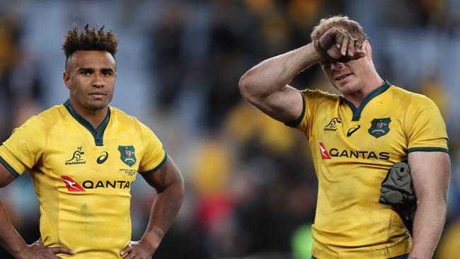 Will Genia and David Pocock after another Bledisloe defeat. Picture: Brett Costello