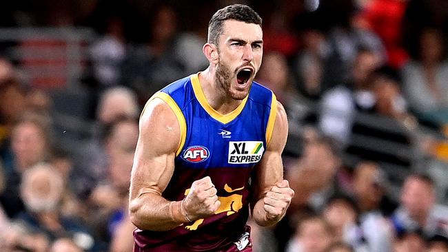 BRISBANE, AUSTRALIA – APRIL 14: Daniel McStay of the Lions celebrates after kicking a goal during the round five AFL match between the Brisbane Lions and the Collingwood Magpies at The Gabba on April 14, 2022 in Brisbane, Australia. (Photo by Bradley Kanaris/Getty Images)