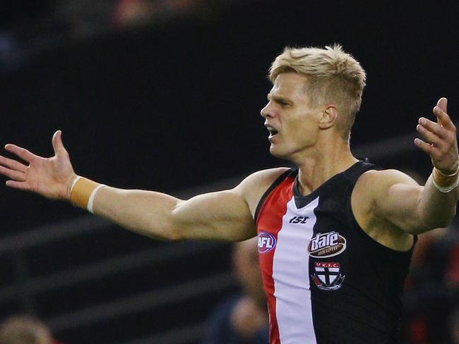 MELBOURNE, AUSTRALIA - MAY 22: Nick Riewoldt of the Saints gestures to a teammate after a poor pass to him during the round nine AFL match between the St Kilda Saints and the Essendon Bombers at Etihad Stadium on May 22, 2016 in Melbourne, Australia. (Photo by Michael Dodge/Getty Images)