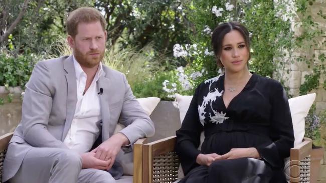 Harry and Meghan during their interview with Oprah Winfrey. Picture: CBS