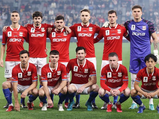 SYDNEY, AUSTRALIA - OCTOBER 01: Sydney United 58 FC pose for a teamshot during the Australia Cup Final match between Sydney United 58 FC and Macarthur FC at Allianz Stadium on October 01, 2022 in Sydney, Australia. (Photo by Cameron Spencer/Getty Images)