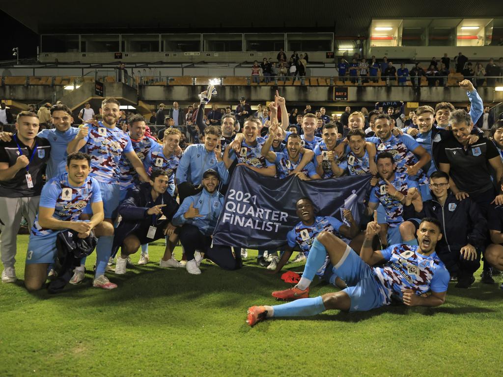 APIA Leichhardt celebrate reaching the FFA Cup quarter[-finals. Picture: Jenny Evans/Getty Images