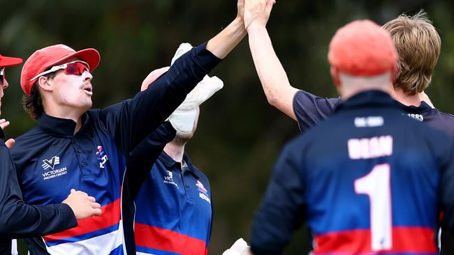 Footscray celebrate taking the wicket of Sam Harbinson of Northcote during the Victorian Premier Cricket Kookaburra Men's Premier Firsts Round 5 match between Northcote and Footscray at Bill Lawry Oval, on November 23, 2024, in Melbourne, Australia. (Photo by Josh Chadwick)