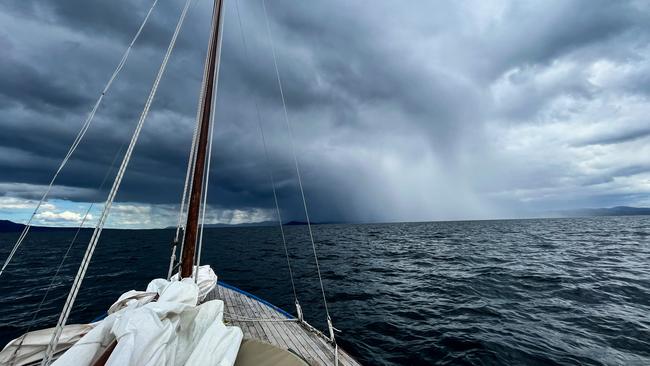 A storm off Maria Island, during Nick Jaffe’s solo voyage across Bass Strait on an open cockpit couta boat called Huia. Picture: Nick Jaffe (Instagram @nick_jaffe)