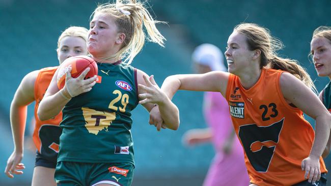 Tasmania Devils vs GWS at University of Tasmania Stadium, Saturday 18th March Mackenzie Williams takes a mark for Tasmania Devils Picture: Linda Higginson / AFL Tasmania