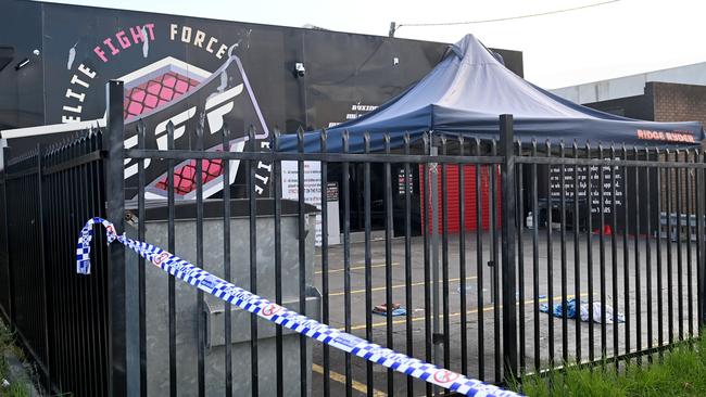 A crime scene still established at the scene at Elite Fight Force gym in Sefton on Friday. Picture: Jeremy Piper