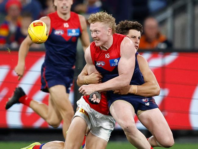 Clayton Oliver had surgery on his hand straight after the Demons’ loss to Brisbane, but is hoping to be fit for their clash with Richmond on Wednesday night. Picture: Michael Willson/AFL Photos via Getty Images.