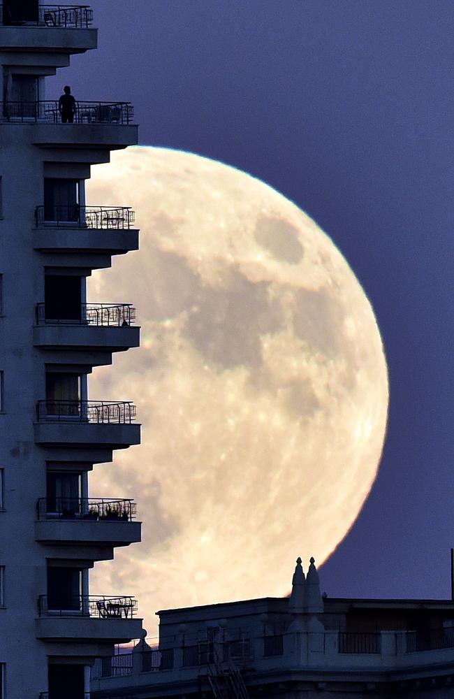 A man stands on a balcony of a building of Madrid as the moon rises in background, on November 13, 2016, on the eve of a “supermoon”. On November 14, 2016, the moon will orbit closer to the earth than at any time since 1948, named a ‘supermoon’, it is defined by a Full or New moon coinciding with the moon’s closest approach to the Earth. Picture: AFP PHOTO / GERARD JULIEN