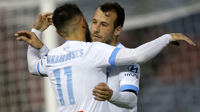 Kosta Barbarouses of Sydney FC celebrates a first half goal with Adam Le Fondre during the Round 14 A-League match between the Newcastle Jets and Sydney FC at McDonald Jones Stadium in Newcastle, Friday, January 10, 2020. (AAP Image/Darren Pateman) NO ARCHIVING, EDITORIAL USE ONLY