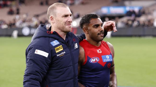 Coach Simon Goodwin with Pickett after the game. (Photo by Darrian Traynor/Getty Images)