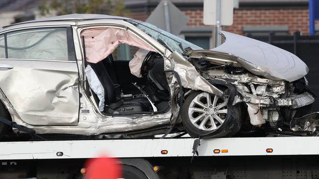 The mangled wreck of the car that was hit. Picture: David Crosling