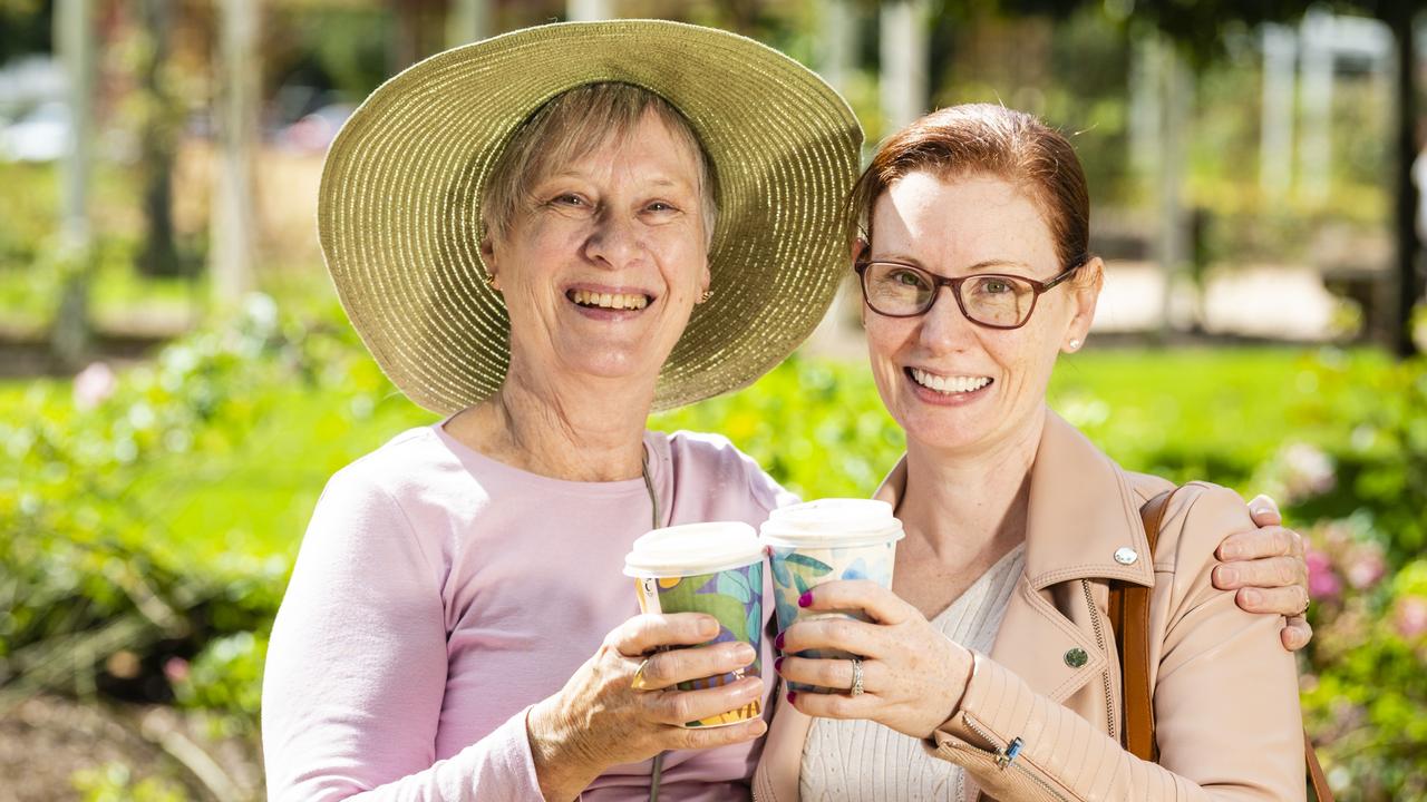 Jane Shed with her daughter Emma Prescott visiting from the Gold Coast during Mother's Day celebrations in the Queensland State Rose Garden, Newtown Park, Sunday, May 8, 2022. Picture: Kevin Farmer