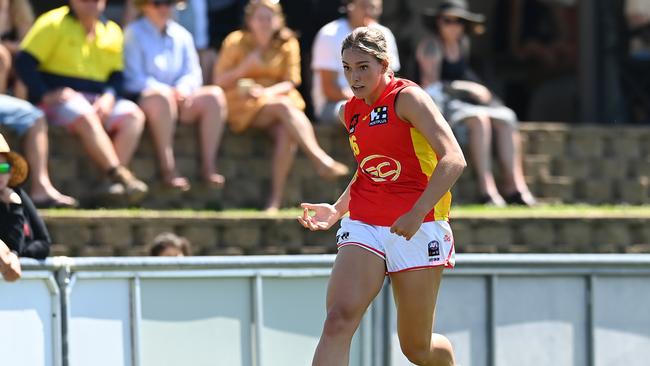 Havana Harris of the Suns kicks a goal during the AFL U16 Girls match between the Brisbane Lions and the Gold Coast Suns on September 19, 2022 in Sunshine Coast, Australia. (Photo by Albert Perez/AFL Photos via Getty Images)