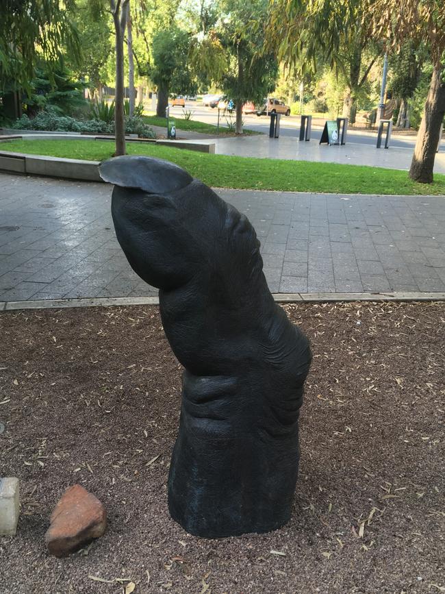 Chimpanzee Finger, the bronze sculpture by Lisa Roet situated at the entrance forecourt to Adelaide Zoo. Picture: Andrew O'Grady