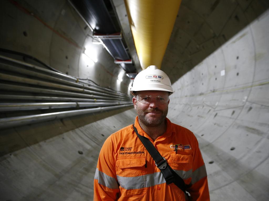 Bella Vista Project Manager, Tim Burns, in the North West Rail Link tunnel near Bella Vista. The North West Rail Link is underway and TBM Elizabeth has cut through 1092metres of earth travelling East from Bella Vista. Picture: Bradley Hunter