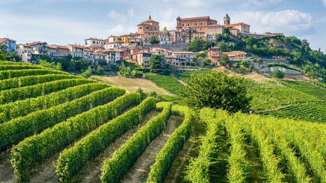 La Morra and its vineyards in the Langhe region of Piedmont.