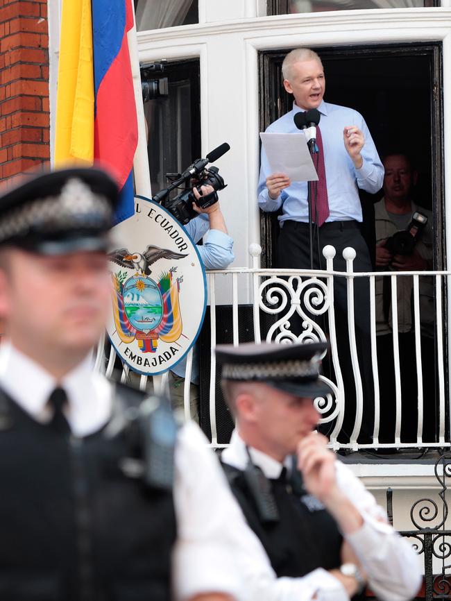 Wikileaks founder Julian Assange speaks from the balcony of the Ecuador embassy in London in 2012. Picture: Getty Images