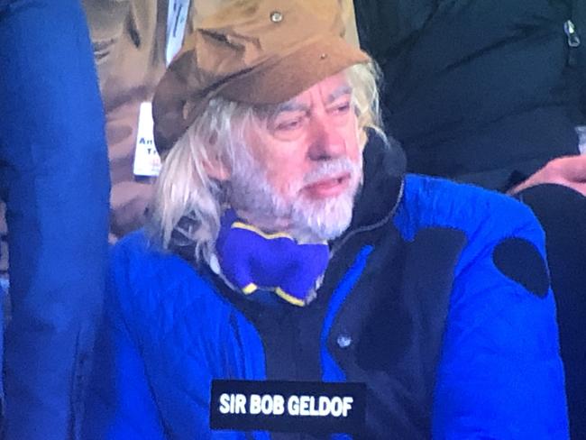 Sir Bob Geldof at the Storm v Manly game on Saturday night. Picture: Fox League