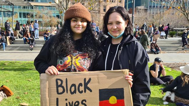 Kaysee Rankine and Tabitha Gallagher at the rally. Picture: Elizabeth Henson