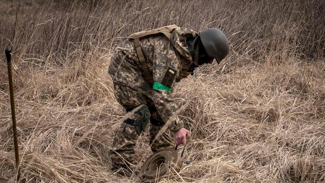 A member of a bomb disposal squad works in a mine field near Brovary, northeast of Kyiv. Picture: AFP