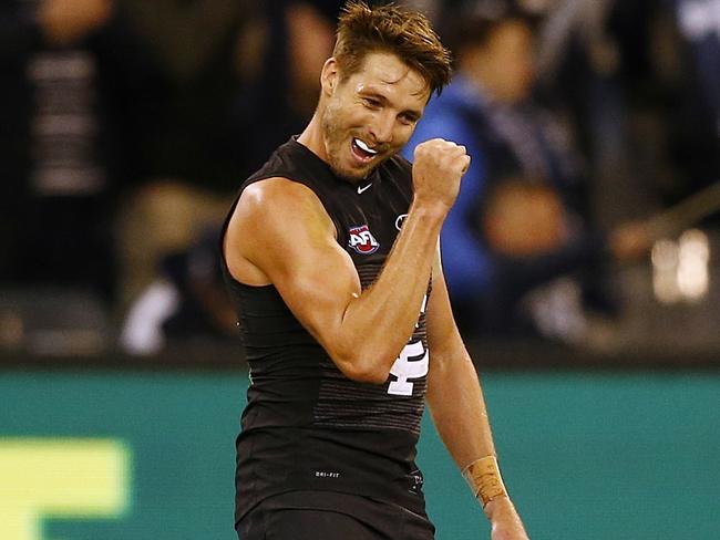 Dale Thomas celebrates Carlton’s win over Essendon. Picture: Wayne Ludbey