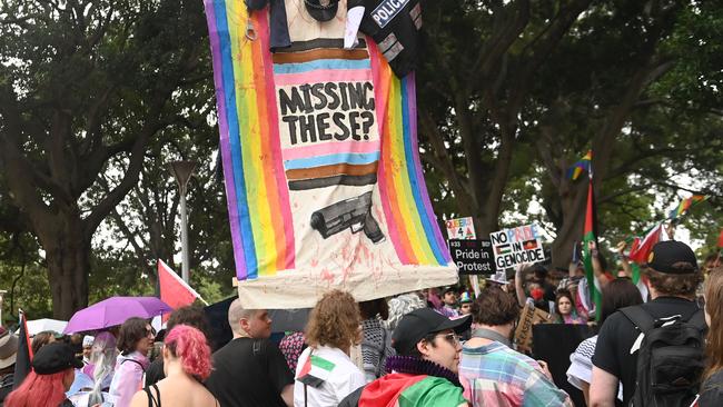 Ahead of the march, Pride in Protest gathered supporters for a “speak out” session. Picture: NCA NewsWire / Jeremy Piper