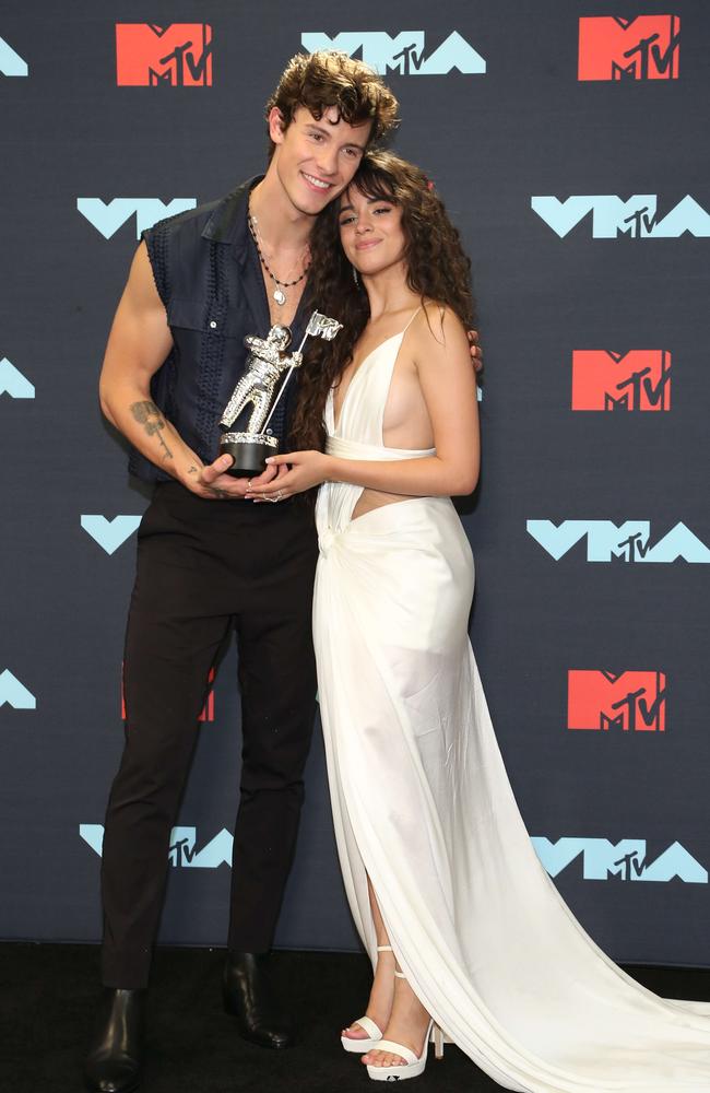 Shawn Mendes and girlfriend Camila Cabello, Best Collaboration Winner at the 2019 MTV Video Music Awards. Picture: Manny Carabel/Getty Images/AFP