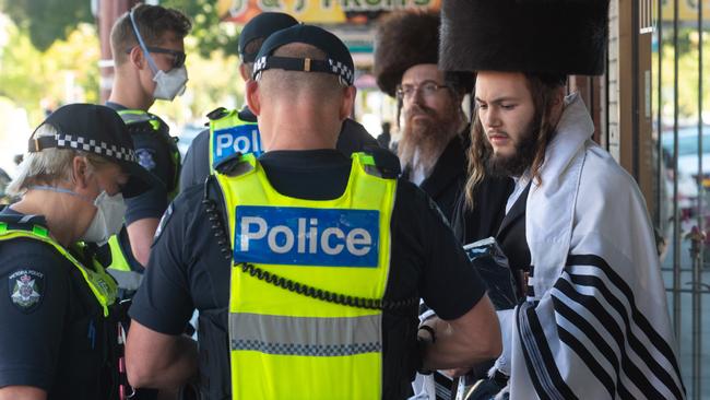 Earlier this year police fined members of the ultra-Orthodox group in Ripponlea for breaking social distancing rules. Picture: Tony Gough