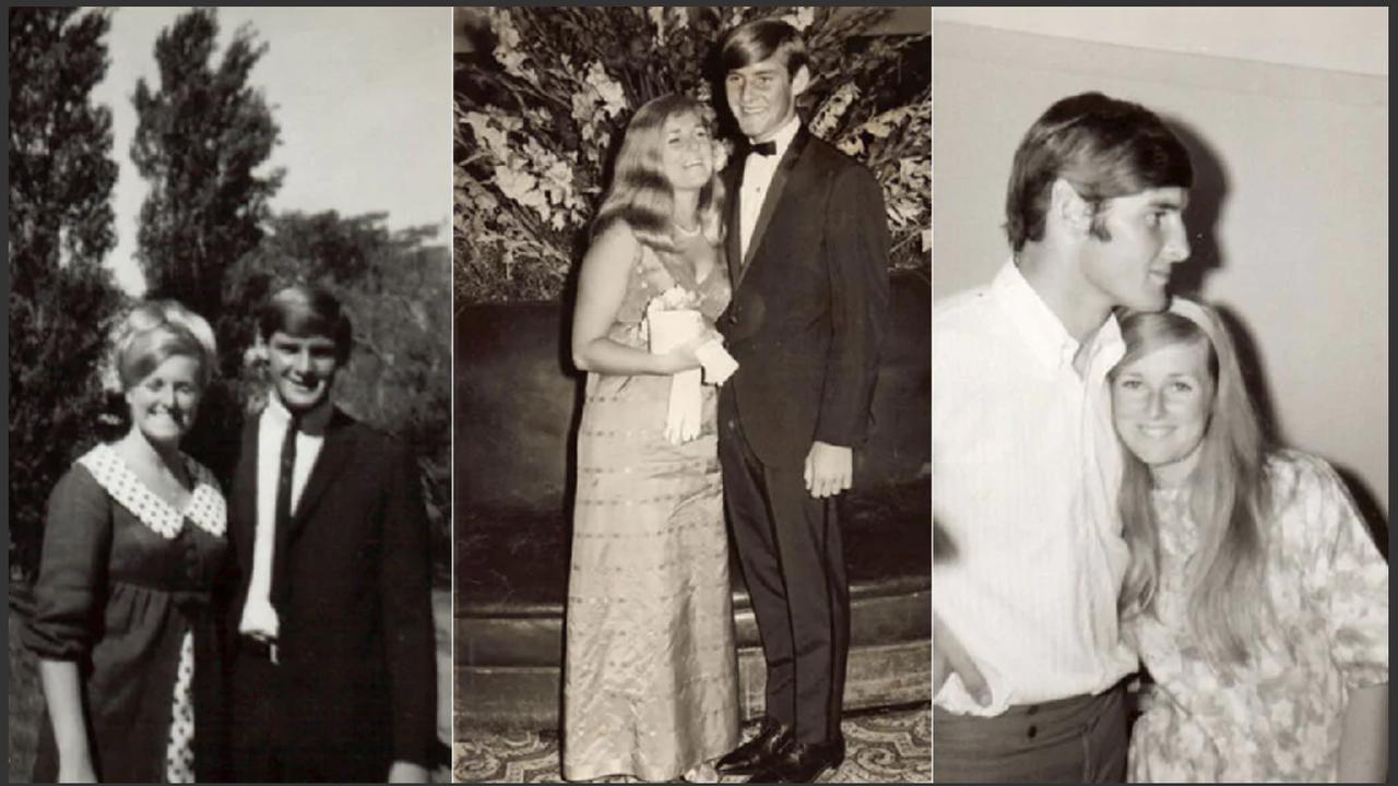 Left: Lyn with Chris Dawson, aged 17, before their High School dance of 1965. Centre: The pair attend the Mackie Ball at the Trocadero in 1966. Right: The couple in 1969. Picture: Simms family