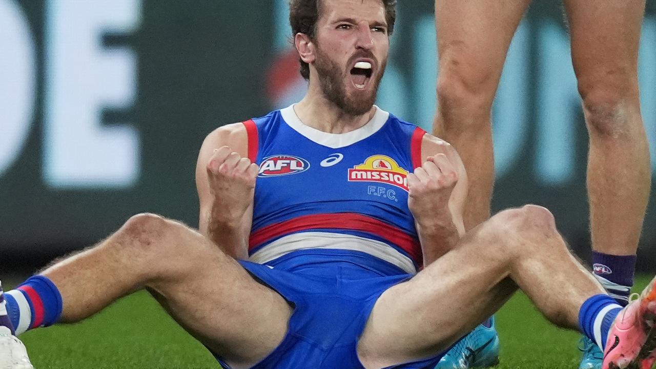 MELBOURNE, AUSTRALIA - JUNE 15: Marcus Bontempelli of the Bulldogs celebrates kicking a goal during the round 14 AFL match between Western Bulldogs and Fremantle Dockers at Marvel Stadium, on June 15, 2024, in Melbourne, Australia. (Photo by Daniel Pockett/Getty Images via AFL Photos)