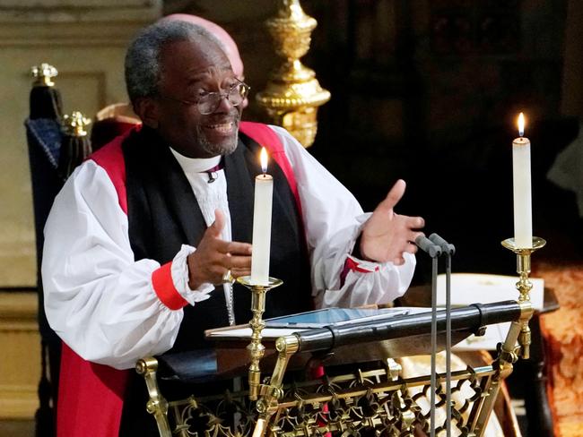 The Most Reverand Bishop Michael Curry, primate of the Episcopal Church, gives an address during the wedding of Prince Harry and Meghan Markle in St George's Chapel. Picture: Reuters