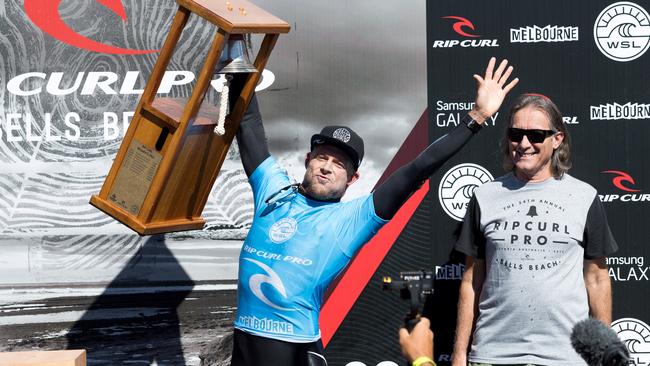 Doug Warbrick with world champion surfer Mich Fanning at the 2015 Rip Curl Pro at Bells Beach, Torquay. (Photo by Kelly Cestari/World Surf League via Getty Images)