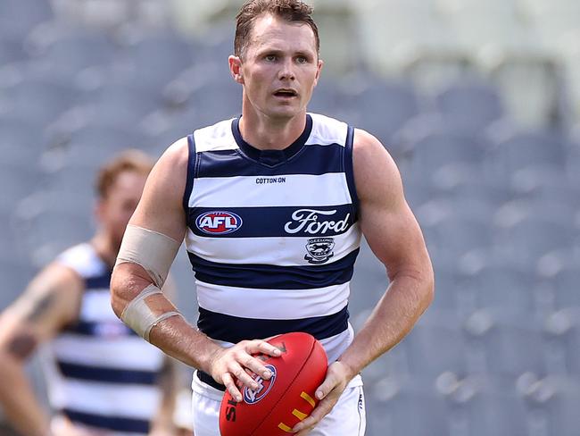 MELBOURNE, AUSTRALIA - FEBRUARY 22: Patrick Dangerfield of the Cats prepares to kick the ball during an AFL practice match between Carlton Blues and Geelong Cats at Ikon Park on February 22, 2024 in Melbourne, Australia. (Photo by Kelly Defina/Getty Images)