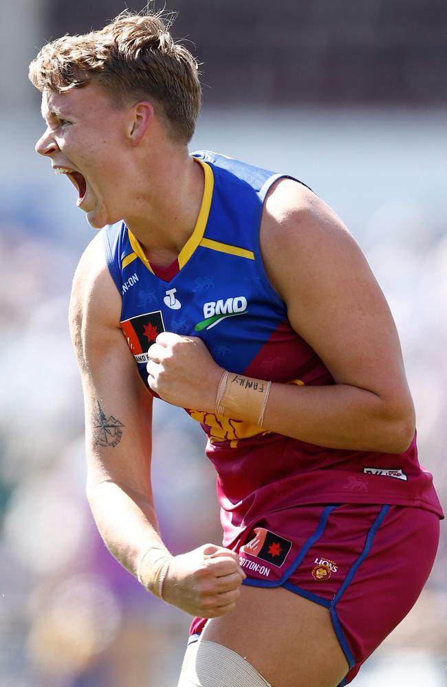 Dakota Davidson of the Lions celebrates a goal during the 2023 AFLW Grand Final match. Picture: Michael Willson/AFL Photos via Getty Images