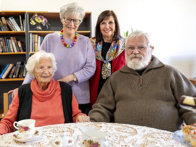 Catherina van der Linden with her three children (L-R: Mariella, Margherita and Garrath), ahead of her 111th birthday this weekend. Picture: Southern Cross Care