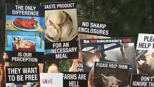 The protest outside a pig and poultry farm in Beerburrum.