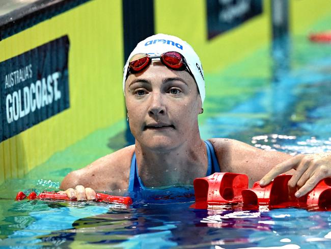 GOLD COAST, AUSTRALIA - APRIL 18: Cate Campbell is seen after competing in the Women's Open 50 LC Metre Freestyle during night two of the 2023 Australian Swimming Championships at Gold Coast Aquatic Centre on April 18, 2023 in Gold Coast, Australia. (Photo by Bradley Kanaris/Getty Images)