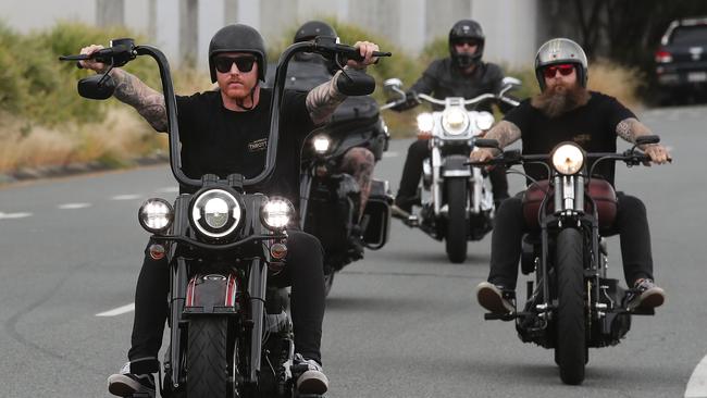 The Whiskey Throttle Collective, led by Matt valentine, held a tribute ride for their mate Dave Fisher from Gold Coast Harley-Davidson to his funeral at Parkwood. Picture Glenn Hampson