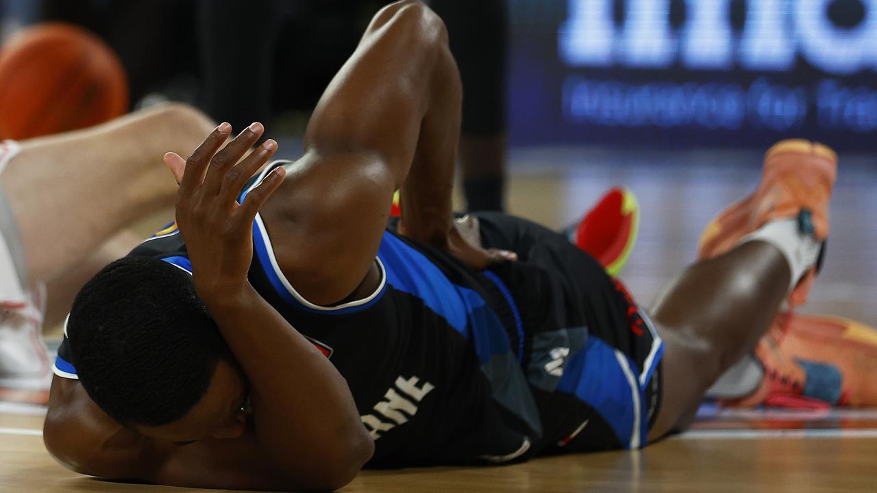 Agada stayed down on the court for some time. Picture: Getty Images