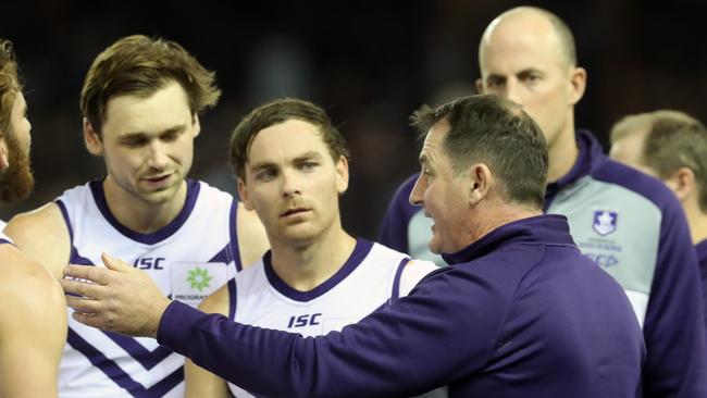 Fremantle coach Ross Lyon talks to his troops. Picture: AAP Image/David Crosling