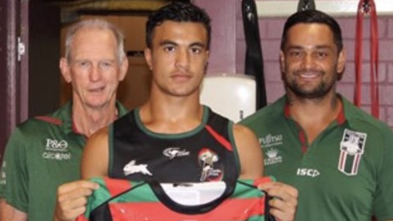 Joseph Suaalii with Wayne Bennett and John Sutton after signing with Souths.