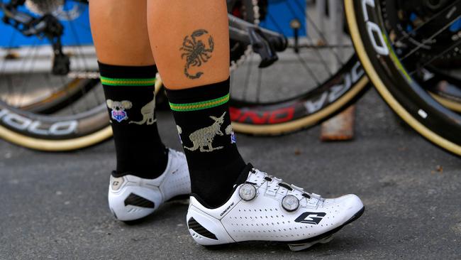 Belgium’s Thomas De Gendt, of Team Lotto-Soudal, wears the socks that are raising money for bushfire victims. Picture: Tim de Waele/Getty Images