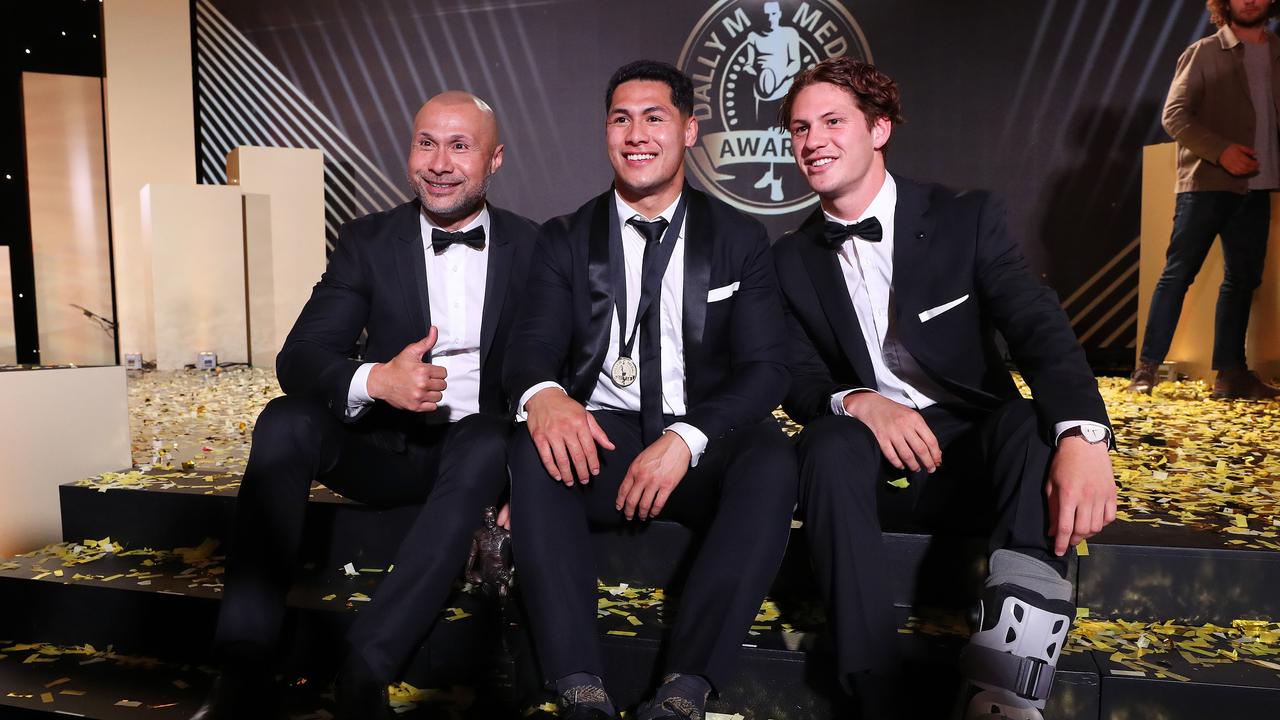 Roger Tuivasa-Sheck, his dad Johnny and Kalyn Ponga soaked up the moment: Brett Costello