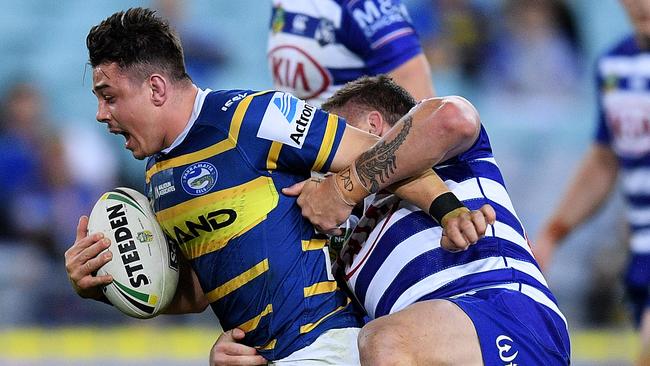 The Bulldogs were fined for wearing similar striped jumpers to Parramatta in Round 19. (AAP Image/Dan Himbrechts)