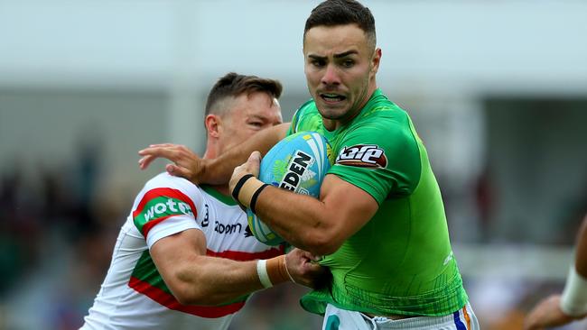 Harley Smith-Shields on the charge for the Raiders. Picture: Getty Images