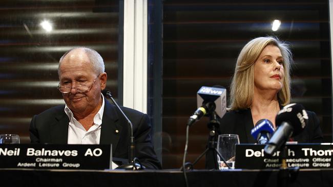 Presurre was rising on the Ardent Leisure executives. Former chairman Neil Balnaves, left, and former chief executive Deborah Thomas front a press conference over the Dreamworld disaster. Picture: John Appleyard.