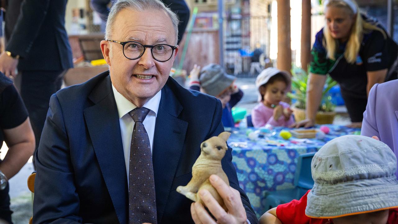 Prime Minister Anthony Albanese joined kindy kids painting Easter bunnies and eggs at the Goodstart Early Learning Wishart in Brisbane. Picture: Mark Stewart / NewsWire