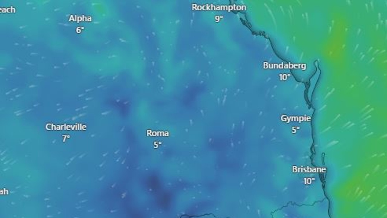 Temperatures have dropped to close to freezing in parts of southern Queensland. Picture: Windy.com