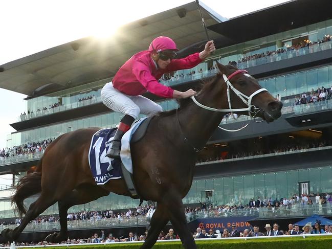 SYDNEY, AUSTRALIA - OCTOBER 14: James Mcdonald riding Fangirl  wins Race 9 King Charles III Stakes during Sydney Racing - TAB Everest Day at Royal Randwick Racecourse on October 14, 2023 in Sydney, Australia. (Photo by Jeremy Ng/Getty Images)